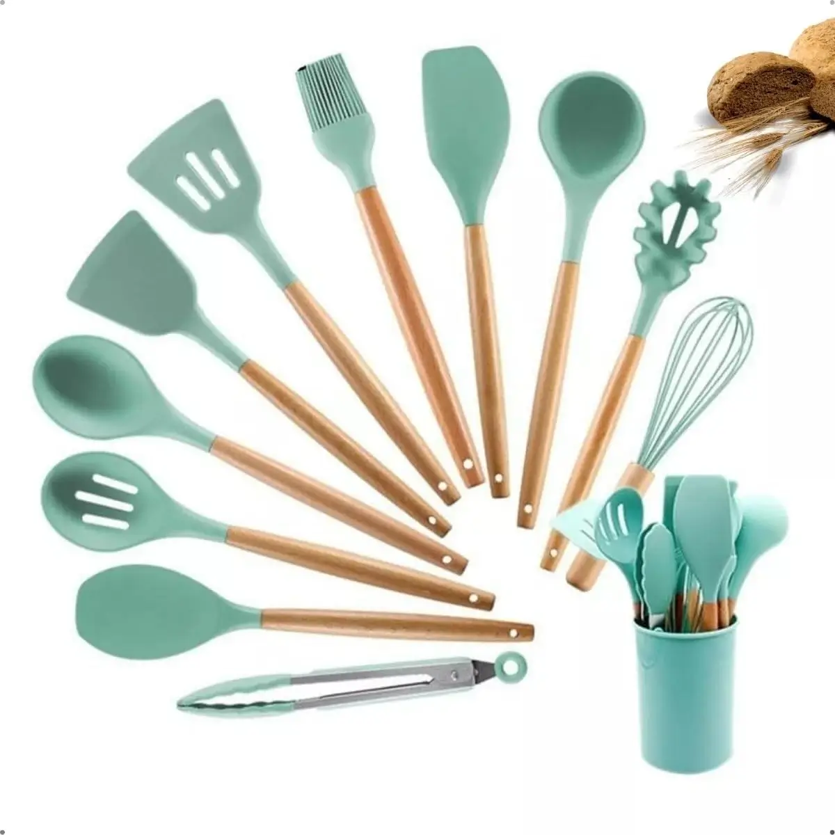 Kit de utensílios de silicone e madeira reúne 12 peças para uso diário - Imagem do artigo original