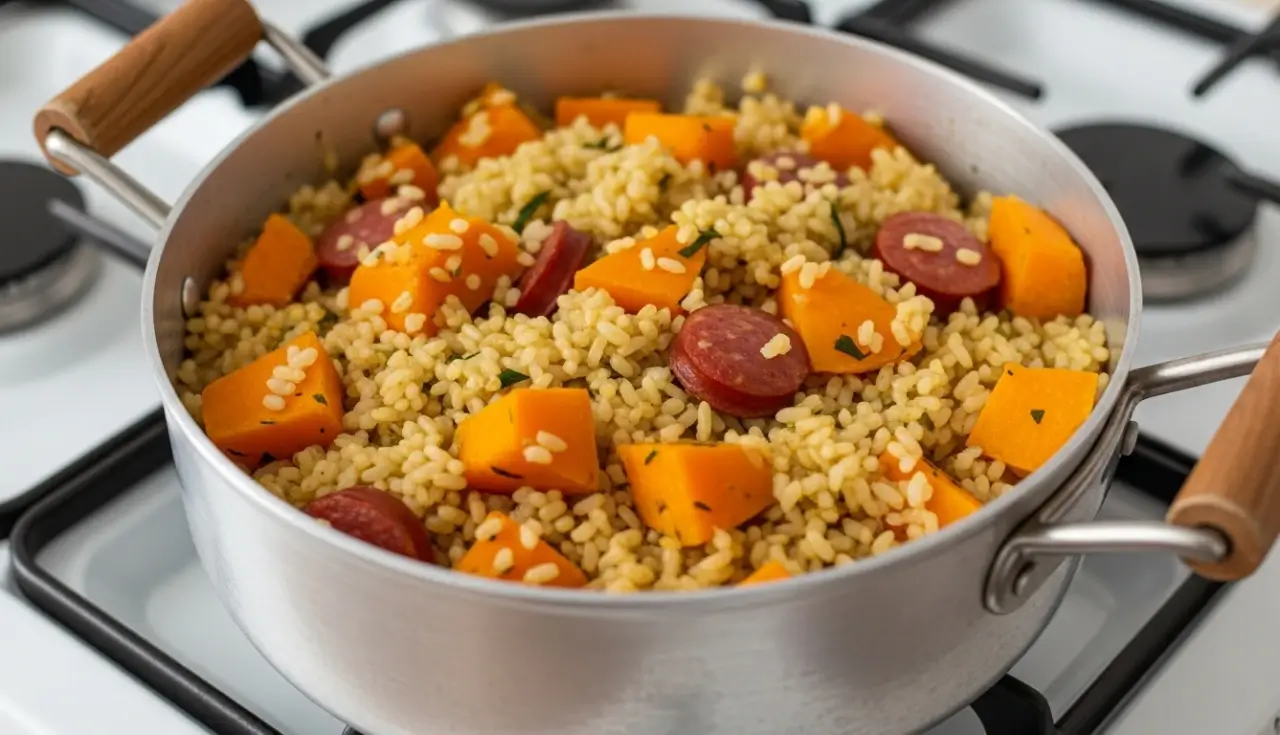 Receita econômica de arroz com abóbora e linguiça fica pronta em 40 minutos - Imagem do artigo