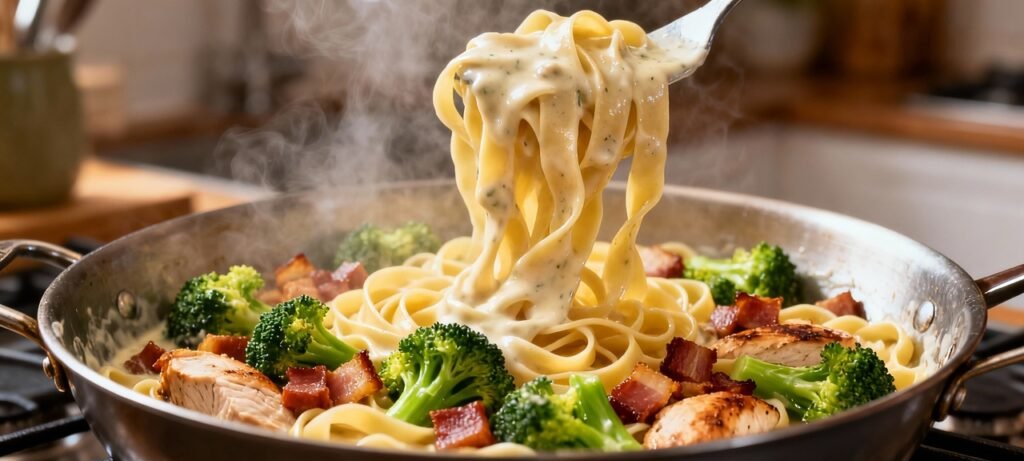 Macarrão com brócolis e bacon ganha versão cremosa prática - Imagem do artigo